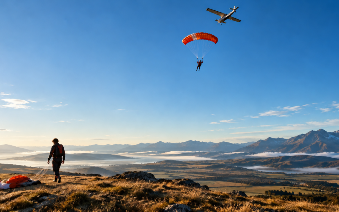 Skydiver descending beneath a red-orange parachute over a mountain valley, with a person watching from the ground
